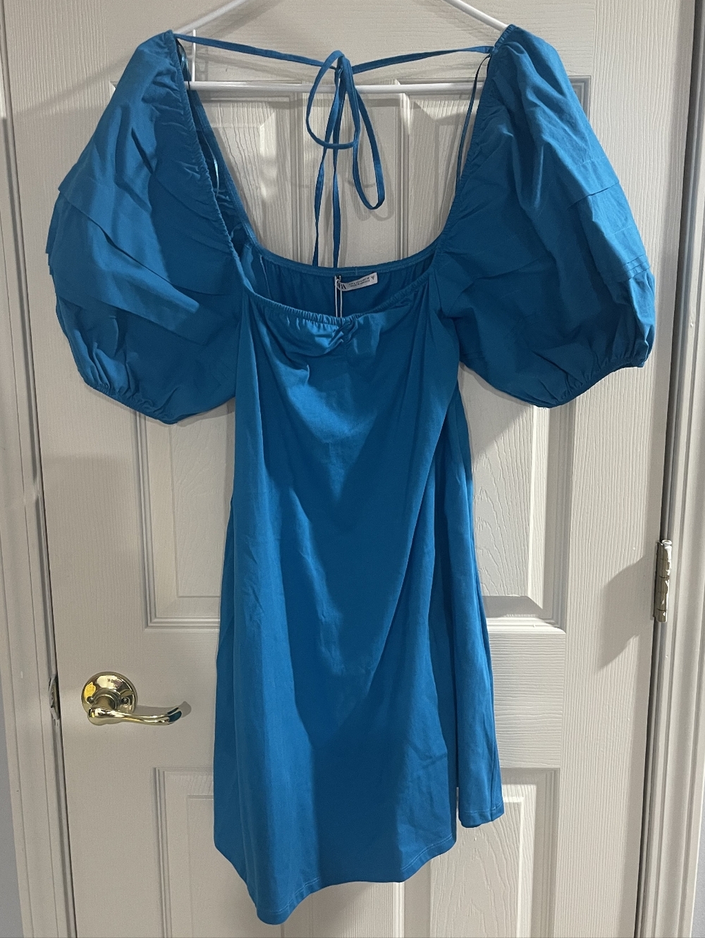 NWT Zara Womens Casual Vibrant Blue Puff‎ Short Sleeve Mini Dress Size Large